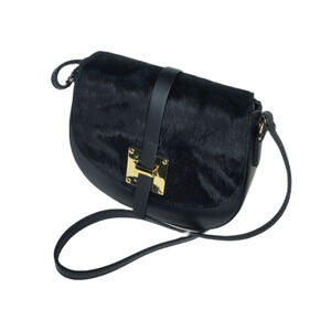 Charlie Leather Mack Black Leather & Black Fur Small Half Moon Crossbody Bag-NWT